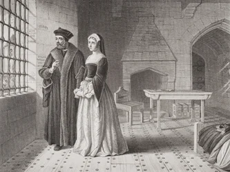 Sir Thomas More (1477-1535) und seine Tochter Margaret, beobachten Mönche, die von seinem Gefängnisfenster zur Hinrichtung gehen, aus 